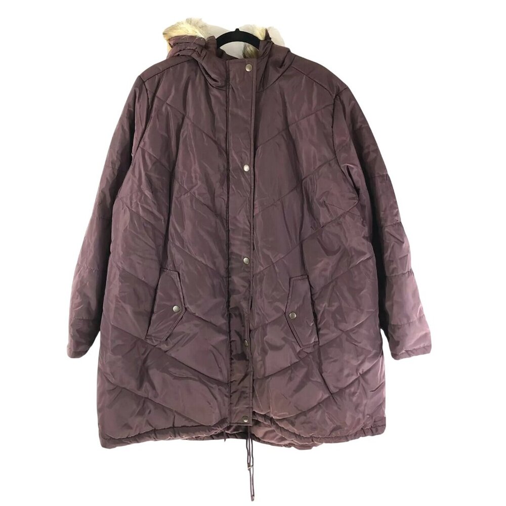 Ellos Puffer Coat Hooded Faux Fur Trim Water Resistant Pockets Burgundy Size 28